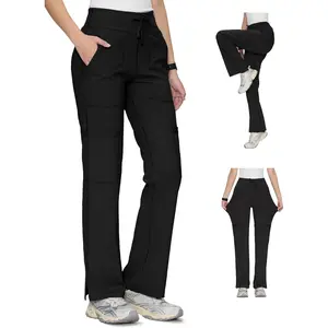 Yoga Scrub Pants for Women Soft Stretch Mid Rise Straight Leg Cargo Bottom with Drawstring,5 Pockets
