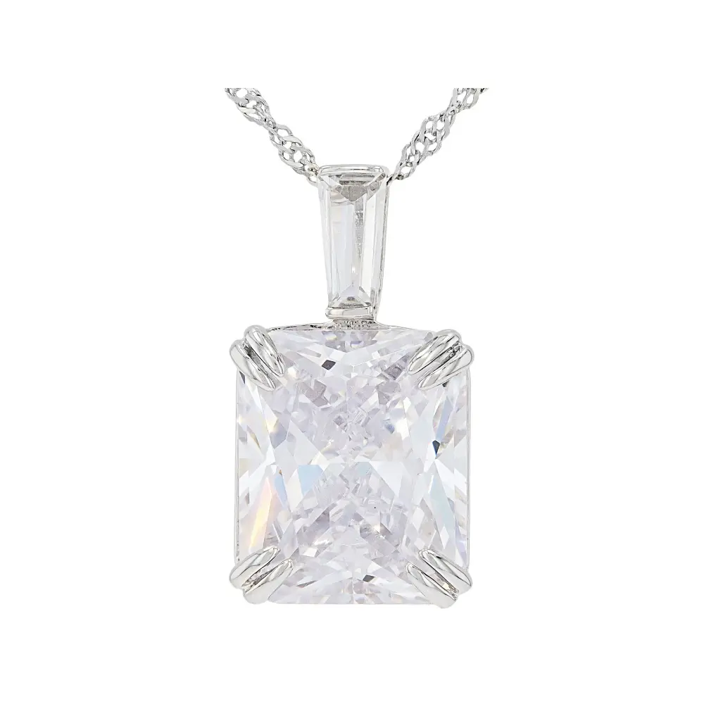 Rhodium Plated Sterling Silver Pendant Necklace for Adults with 10.12ctw Rectangular Octagonal Cubic Zirconia on an 18-Inch Chain, 3Mm Bail, Lobster Claw Clasp, 0.76 Inches, Unisex