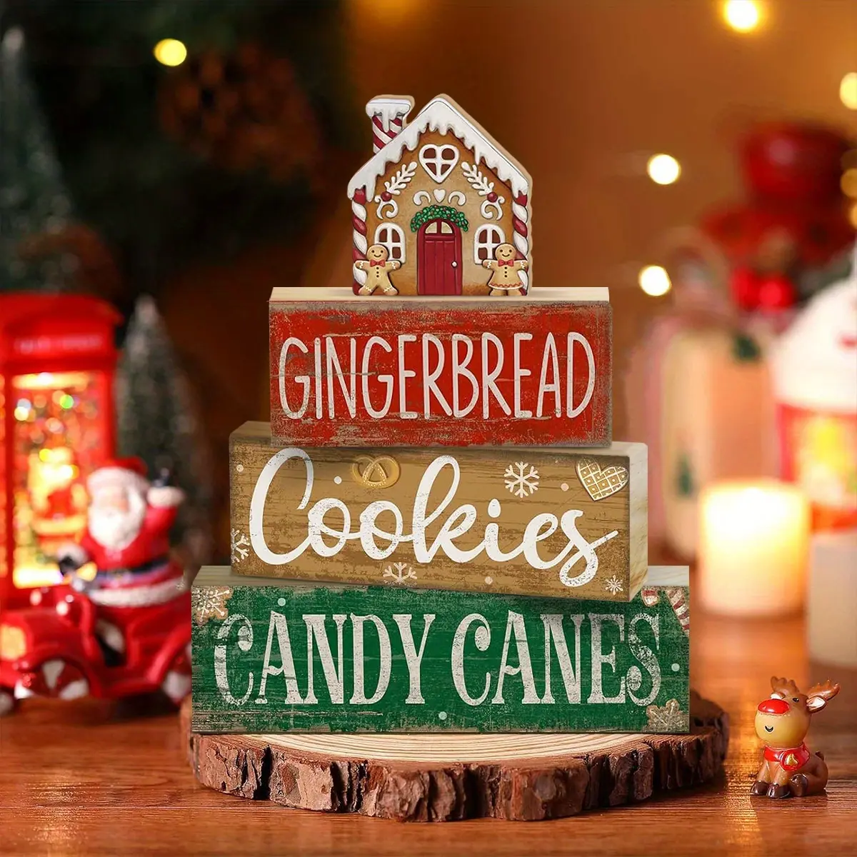 4 pcs Christmas Table Centerpiece Rustic Decorative, Tiered Tray Decor, Nativity Scene Wooden Decoration, Funny Gingerbread Christmas Sign, Block Signs Gift Farmhouse Winter Table Decoration for Home Kitchen, Christmas Ornaments