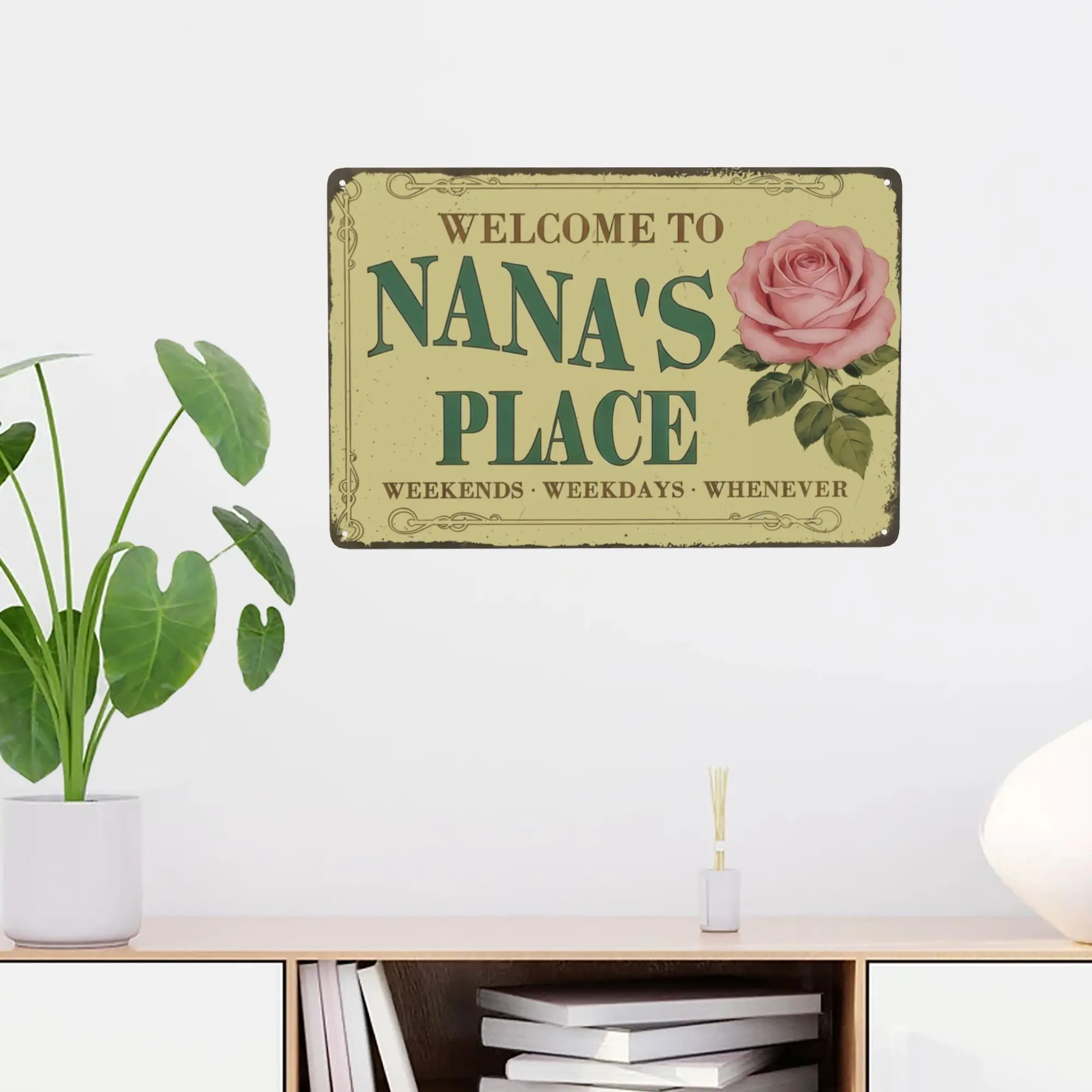 Welcome To Nanas Place Weekends Weekdays Whenever Metal Sign, Pink Rose Floral Wall Decor for Front Door, Vintage Shabby Chic Flower Poster for Kitchen Greenhouse,Best Gift for Grandma Nana