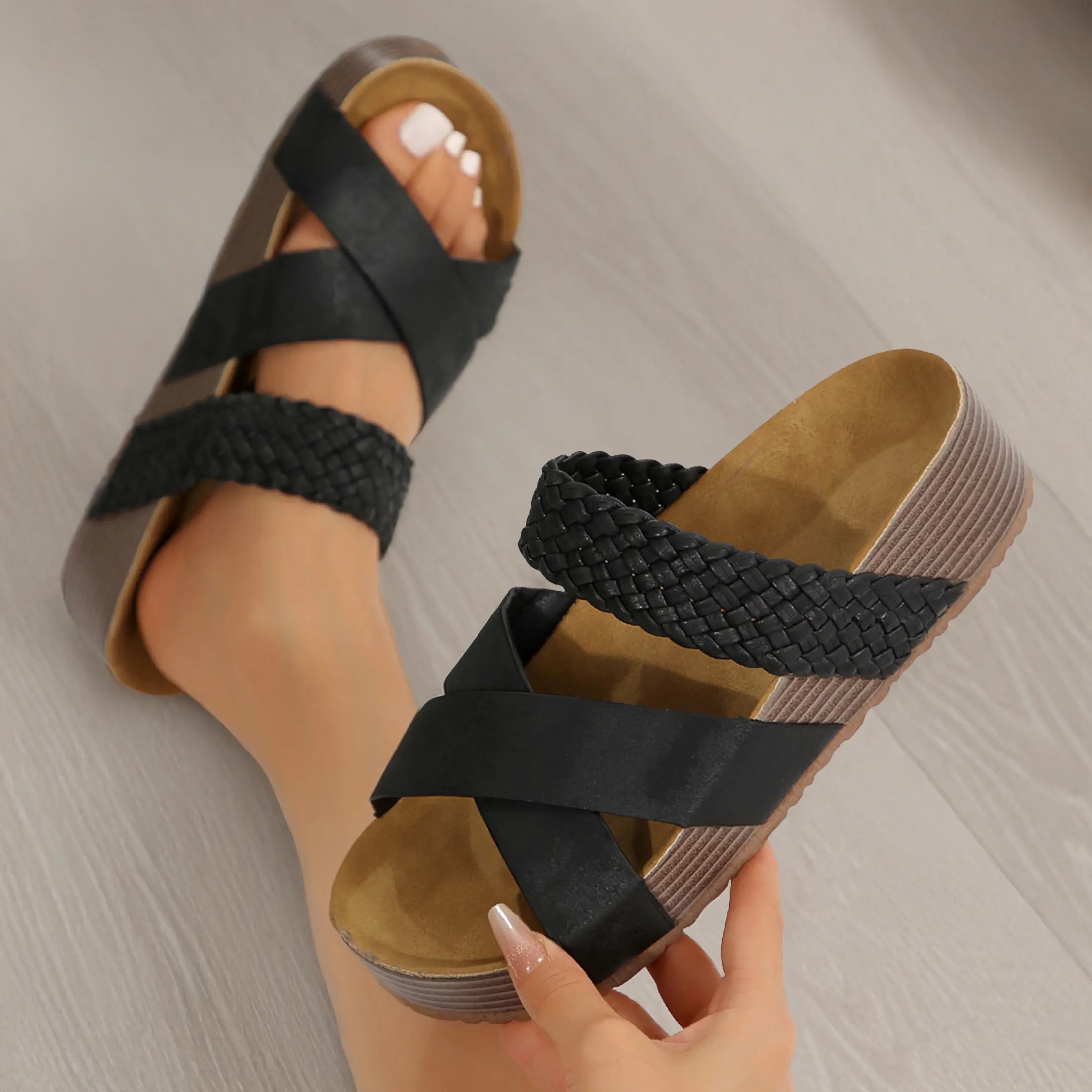 Women's Braided Platform Slides Fashion Indoor Outdoor Shoes Criss Cross Open Toe Wedge Sandals