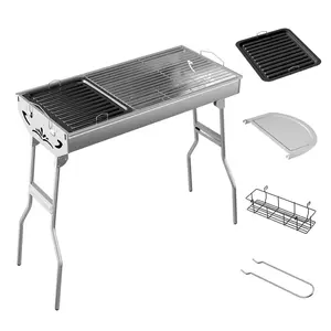 Portable Charcoal Grill, Upgraded Foldable BBQ Grill with Side Prep Shelf & Storage Rack, Heavy-Duty Stainless Steel Frame, Perfect for 6-8 People, Ideal for Backyard, Camping & Outdoor Cooking
