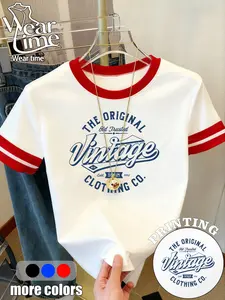 Women's Cartoon Print Loose-Fit Round Neck Casual Top Tees, Colorblock Design, Perfect for Sports & Daily Wear, Womenswear