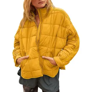 Women’s lightweight down puffer jacket, short length, long sleeves, zip closure, packable, casual check pattern, fashionable