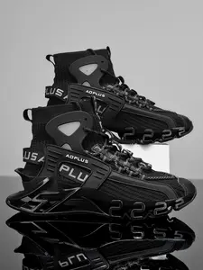 Men's High-Top Dad Shoes with Letter Print, Breathable Flyknit Mesh, Thick Sole Shock Absorption, Casual Trendy Athletic Trainer Sneakers for Students and Commuters