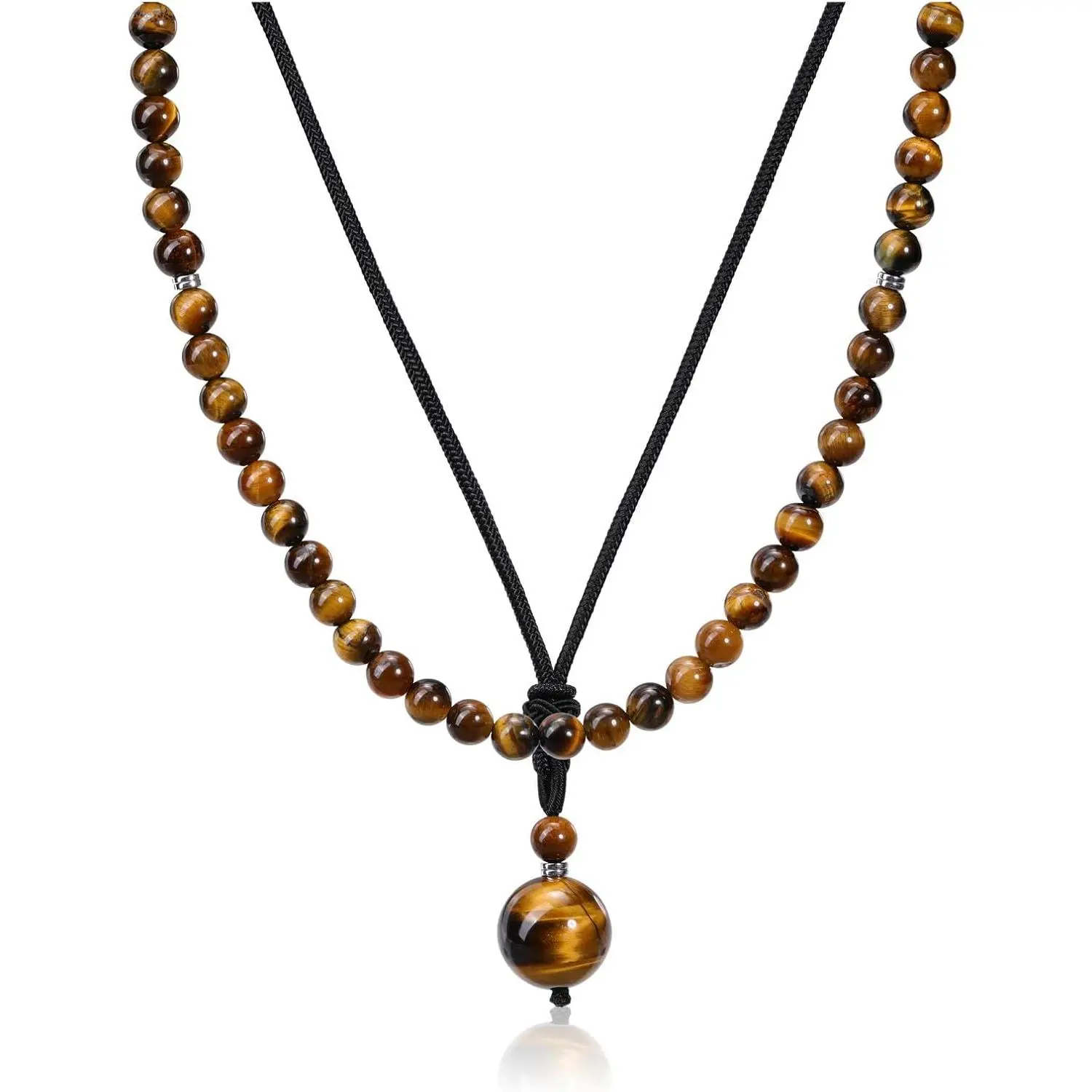 2Pcs Tiger Eye Crystal Stone Beaded Necklace for Men Natural Gemstone Protection Necklace Mens Handmade Balance Amulet Beads Necklace Jewelry Gifts