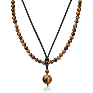 2Pcs Tiger Eye Crystal Stone Beaded Necklace for Men Natural Gemstone Protection Necklace Mens Handmade Balance Amulet Beads Necklace Jewelry Gifts