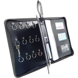 Leather Zippered Key Case Key Organizer 12-Key Hooks Portable Key Cabinet Document Organizer Business Card Holder Tablet Sleeve A4 Size Black for Real Estate Sales Hotel Executives Car Service