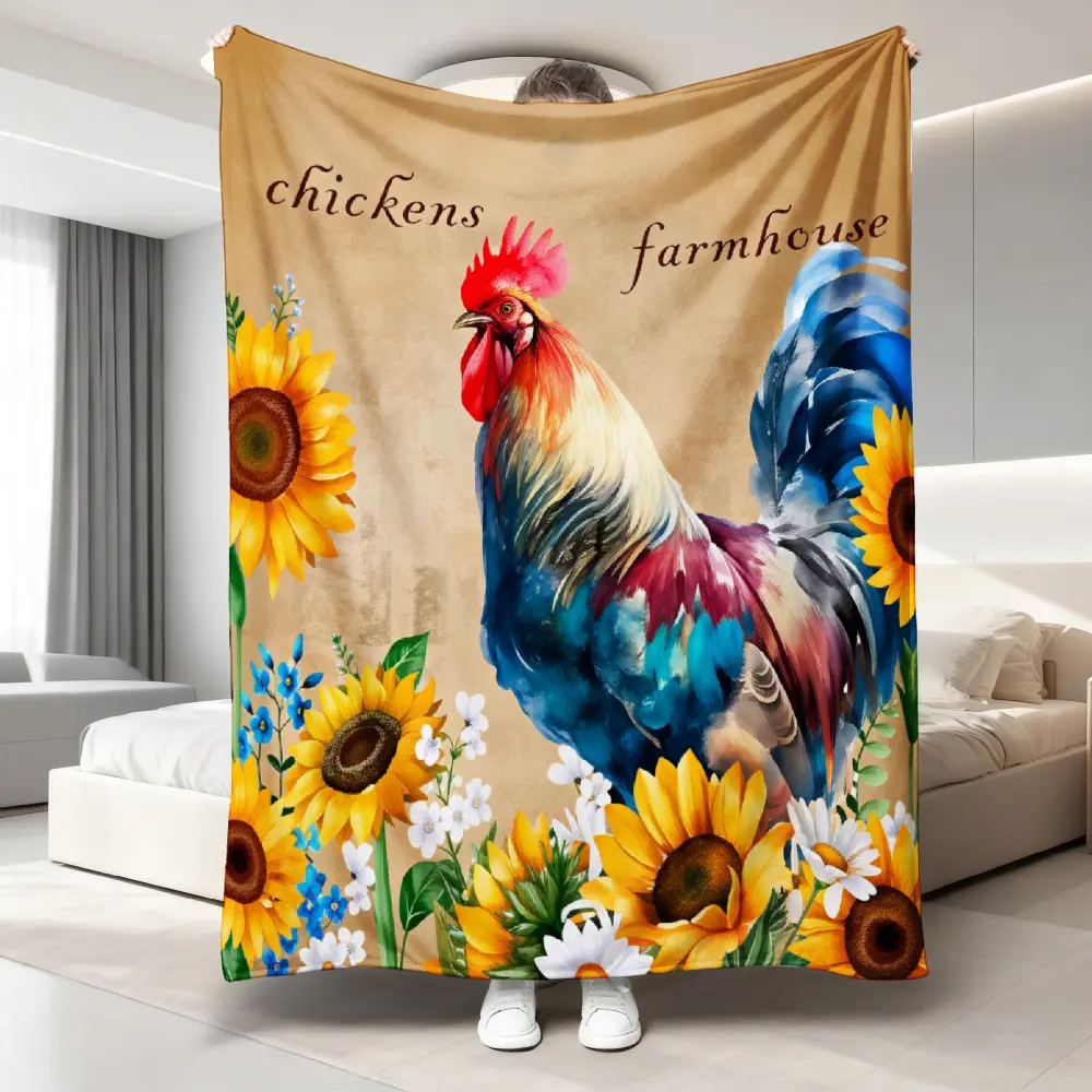Customized Polyester Fiber Flannel Blanket, 60x80 in Floral Theme Printed Surface with Chicken Sunflower Rooster Design, 4-Season Suitable for Living Room, Machine Washable Delicate Lightweight Breathable Lint-Free Pill-Resistant for Grandparents