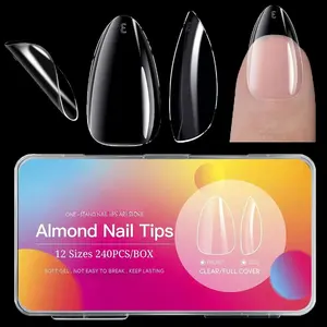 240Pcs Short Almond Nail Tips, Full Cover Clear Acrylic False Nails, 12 Sizes Numbered ABS Soft Gel Nail Tips, No Trace Break Resistant Press On Nails Base for DIY Manicure Salon Home Use