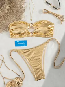 Fashion Sexy Metal Shiny Front Hollow Out Buckle Strapless Side Tie Bikini Set, Women's Swimsuit, Summer Beachwear