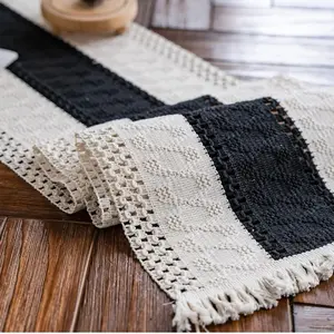 Macrame Table Runner Cream Beige and Black Boho Table Runner with Tassels Hand Woven Cotton Table Runner Rustic Farmhouse Table Runner for Bohemian Kitchen Dining Table(12x71in)