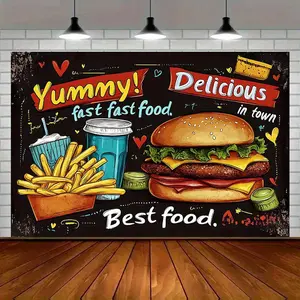 Modern Farmhouse 1pc Yummy Delicious Fast Food Party Backdrop Banner - Vibrant Burger & Fries Design, Amber Glow Polyester Wall Decor for Home, Room, and Party Decor, Party Backdrop | Playful Design | Durable
