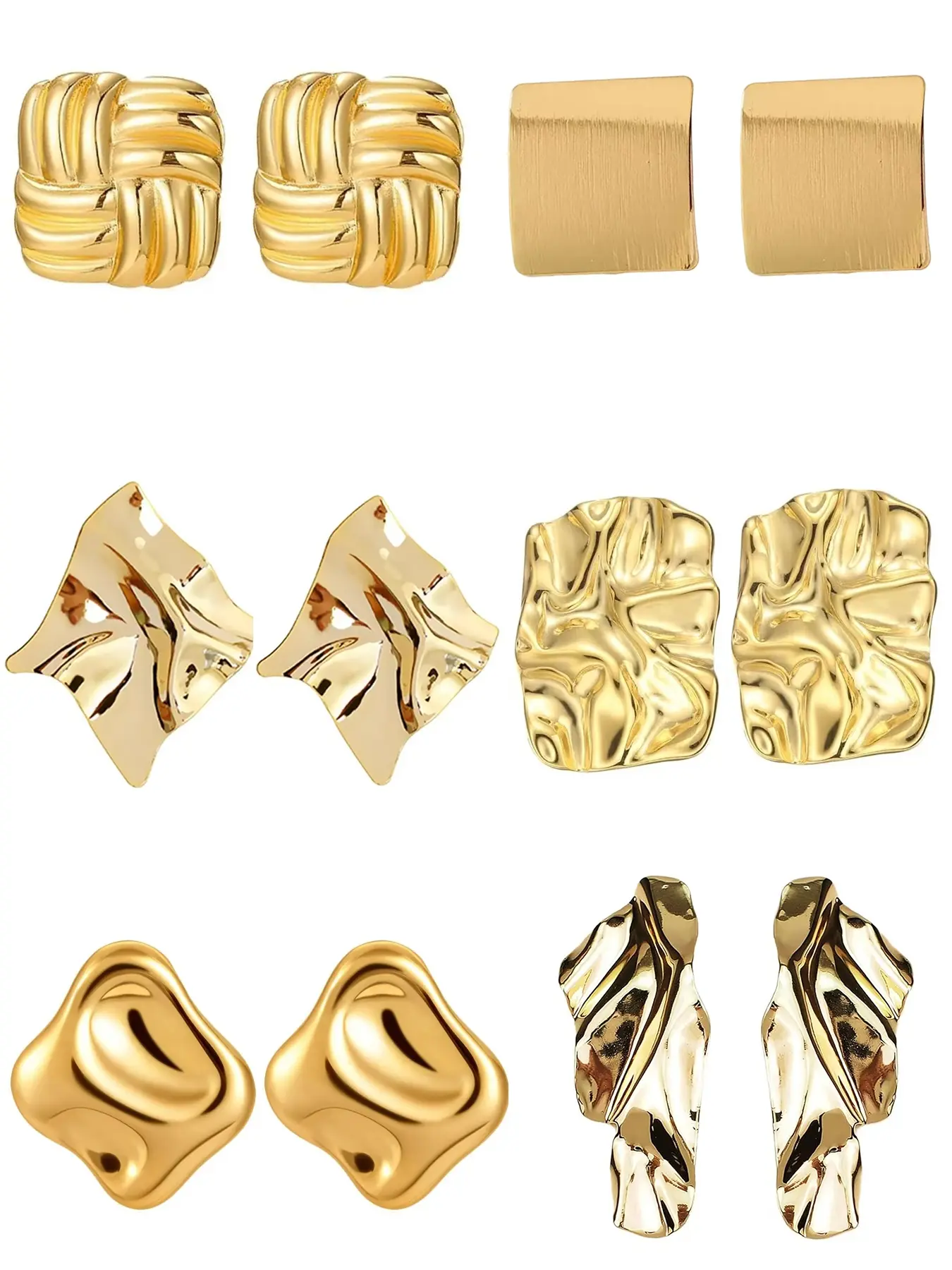 6 Pairs Statement Chunky Stud Earrings for Women, High Quality Earrings, Geometric Design, Irregular Hammered Finish, Stylish Jewelry Set, Trendy Jewelry, Fashionable Jewelry Accessories, Earring Pack