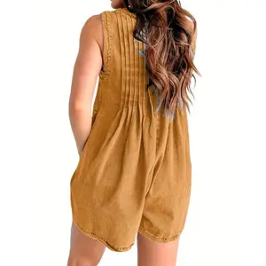 Women's Sleeveless Denim Bodysuit, V-Neck, Tie Front, Pockets - Casual Summer Denim Shorts Overalls Womenswear Collar Basic Fitted