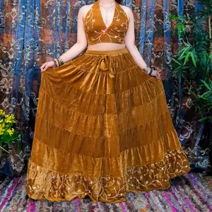 Velvet Embroidered Skirt and Halter Top Set, Boho Festival Outfit, Gypsy Fairycore Outfits, Flowy Tiered Witchy Skirt, 90s Cottage core Fit