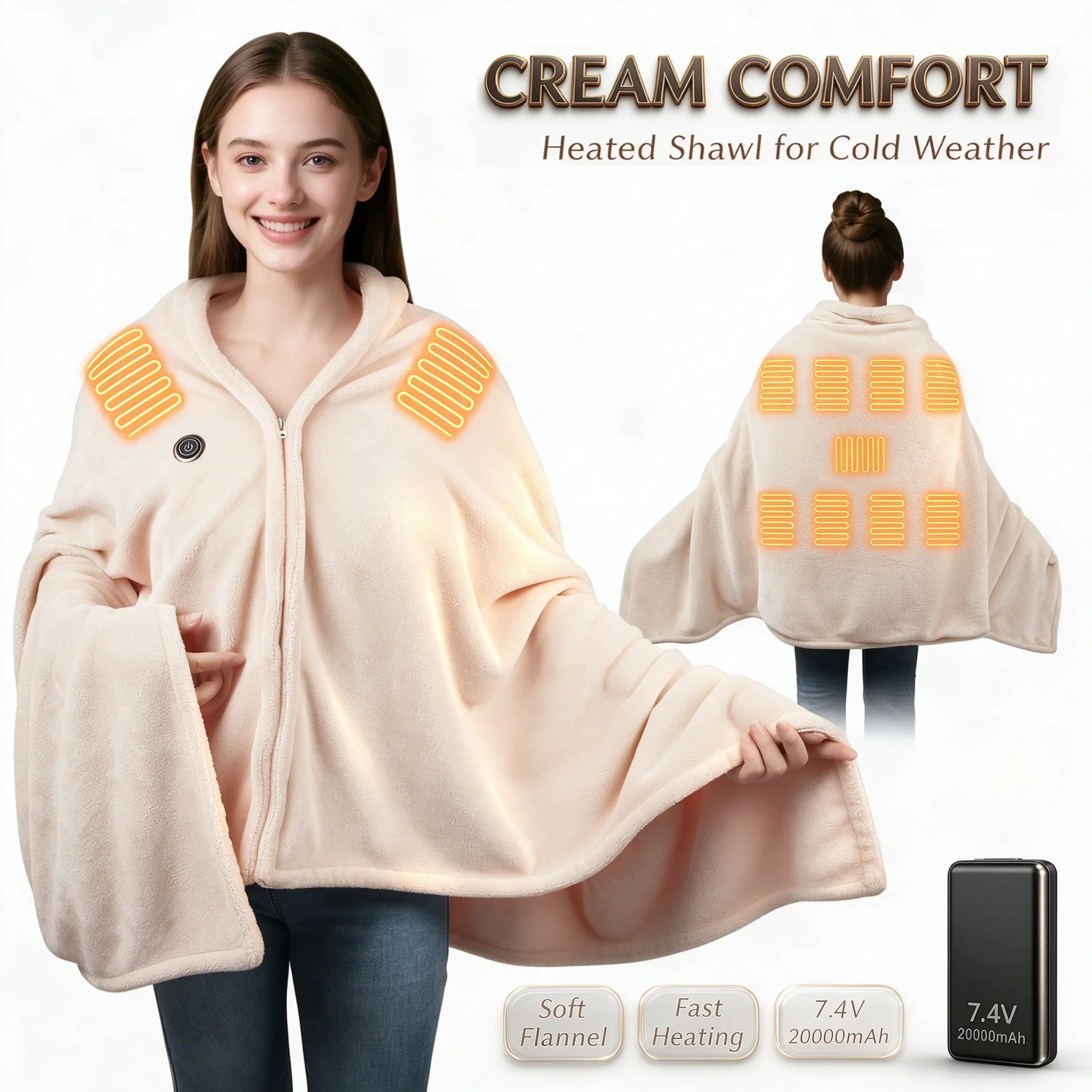 Portable Heated Blanket Shawl, Wearable Double-Sided Flannel Fleece Wrap with 7.4V 20,000mAh Power Bank, 15s Fast Heating, 3 Heat Levels, 67" × 36", Machine Washable Heated Throw for Home, Office, Camping, Travel & Car, Fall & Winter Gift for Women & Men