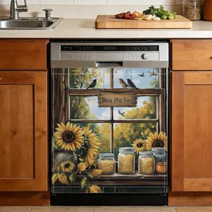 Dishwasher Magnet Sticker Cover,Sunflowers Birlds Refrigerator Magnetic Sticker Decorative for Kitchen Decoration,Window Apples Fridge Door Cover,Home Decor23 x26