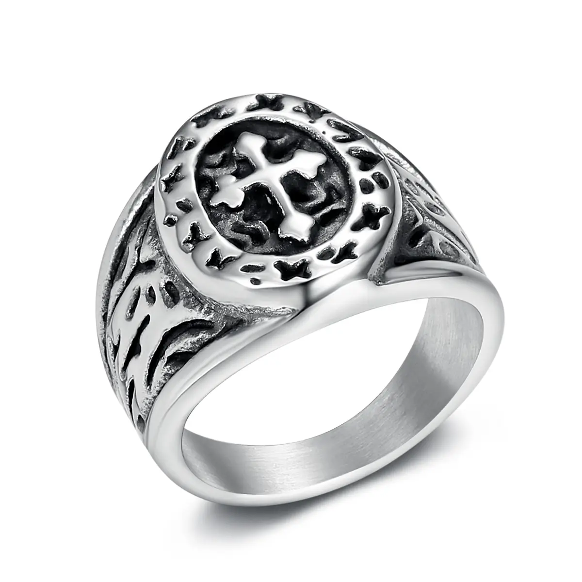 Men's Cross Pattern Stainless Steel Band, Contemporary Statement Accessory for Daily Wear & Parties, Non Tarnish, Men's Jewelry, Non Tarnish Rings, Stainless Steel Rings, Male, Cross Motif, Male Ring, Round Band