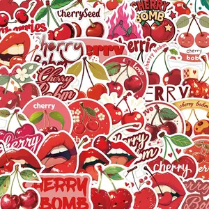 Cherry Pattern Sticker, 50pcs/set Cartoon Pattern Decorative Sticker, DIY Decals for Water Bottle, Laptop, Phone Case, Scrapbooking, Journal Making
