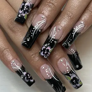 Flower Pattern Fake Nails with Nail File & Tape, 24pcs/set Long Press on Nails for Women & Girls DIY Nail Art, Elegant Stick on Nails Kit