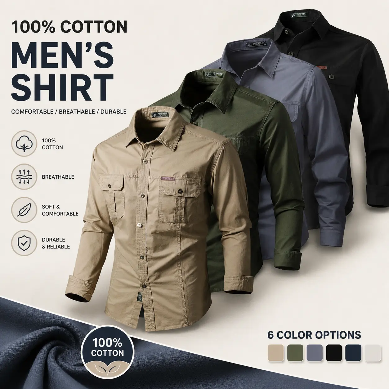 Men’s Plain Long Sleeve Shirts Multipack, Beige Menswear, Breathable Comfortable Fabric, Loose Fit, Multiple Pockets, Casual Top for Spring & Autumn Business Outings, Machine Washable