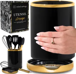 STYLED SETTINGS Black and Gold Utensil Holder with Built-In Spoon Rest - 2 PC Large Ceramic Utensil Holder Includes Black & Gold Spoon Rest - Luxury Kitchen Accessories - Utensils Not Included Styled Settings