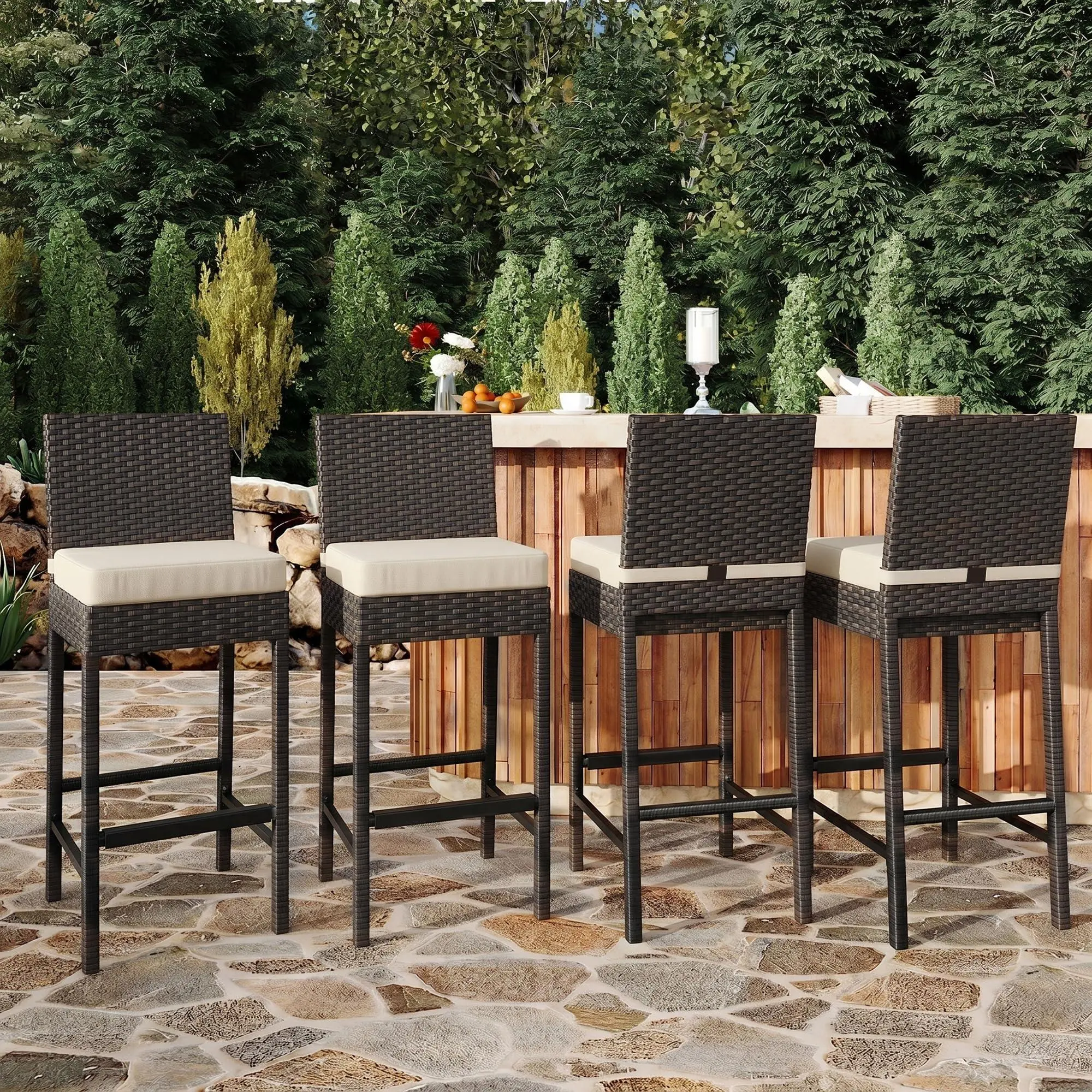 4-Piece Outdoor Wicker Barstools Set - Rattan Patio Bar Stools with 4 Seats for Backyard, Four Seats