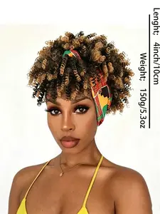 Headband Wigs for Synthetic Short Afro Kinky Curly Wigs Dark Brown Wig with Bangs Wrap Wigs 2 in 1 Turban Wig Drawstring High Puff Wigs Headwrap Wigs with Headband Attached Updo