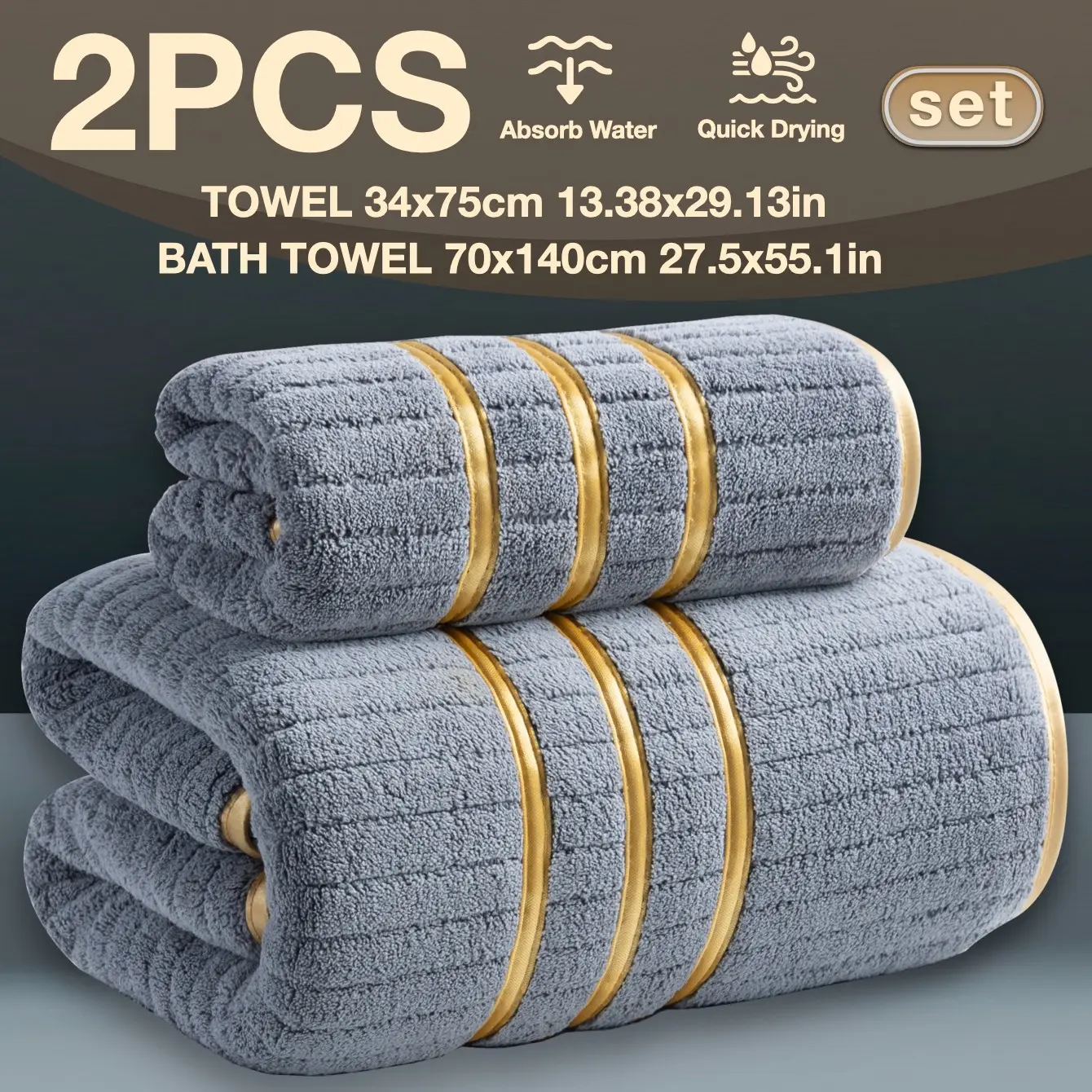 Luxury Minimalist Gold Embroidered Towel Set, Thick High-Density Microfiber, Quick Dry Absorbent, Soft Skin-Friendly, Hotel Quality Spa Essentials
