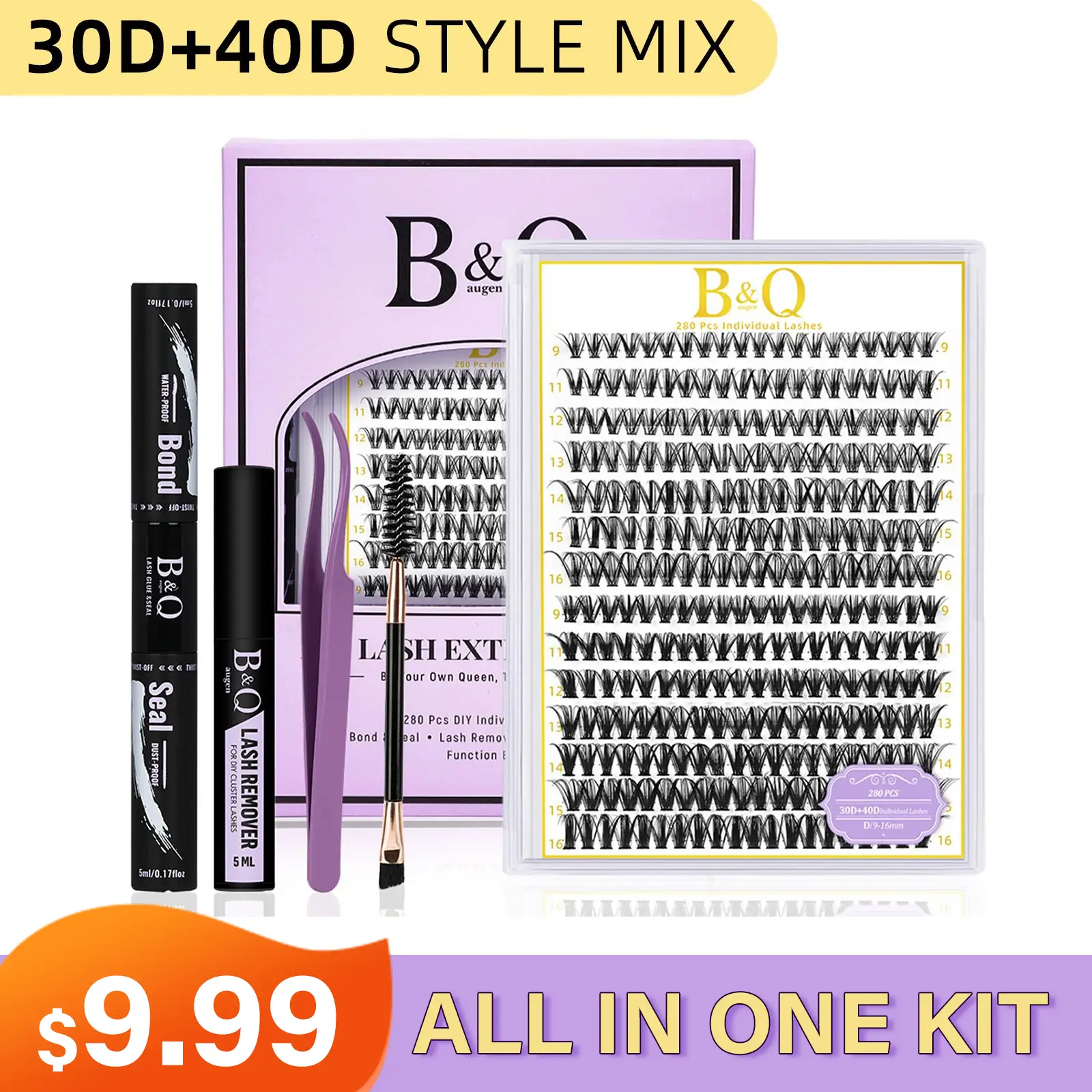 B&Qaugen Waterproof DIY Lash Kit Natural Look 30D+40D Individual Lash Kit Long Lasting Springtok Eyelashes with Bond&Seal Beginner Friendly at Home