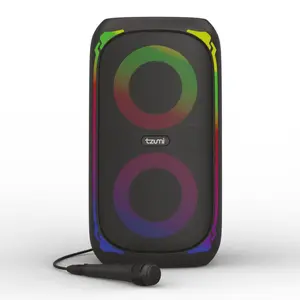 Tzumi Super Bass Jobsite Wireless Bluetooth Speaker with LED Lights, Microphone, Dual Speakers & 10-Hour Battery Life For Home Entertainment, Indoor & Outdoor Karaoke Music Party
