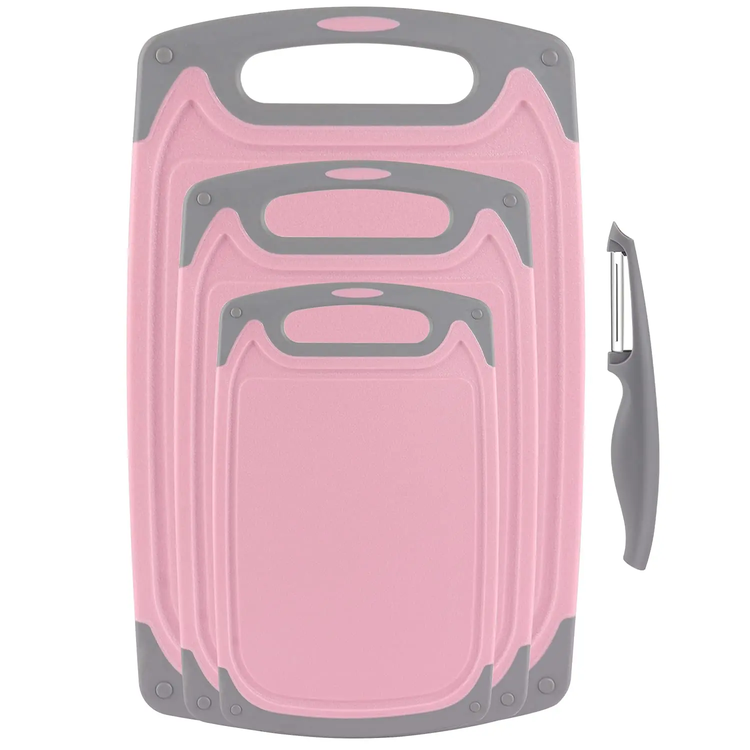 Cutting Boards For Kitchen, Plastic Chopping Board Set Of 4 With Non-Slip Feet And Deep Drip Juice Groove, Easy Grip Handle, Dishwasher Safe, Bpa Free, Non-Porous(Pink/Gray)
