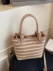 Women's Handmade Straw Bucket Bag, Woven Purses, Casual Striped Design, All-Seasons Commuter Crossbody, Perfect for Beach Vacations & Daily Use, Crossbody Bags