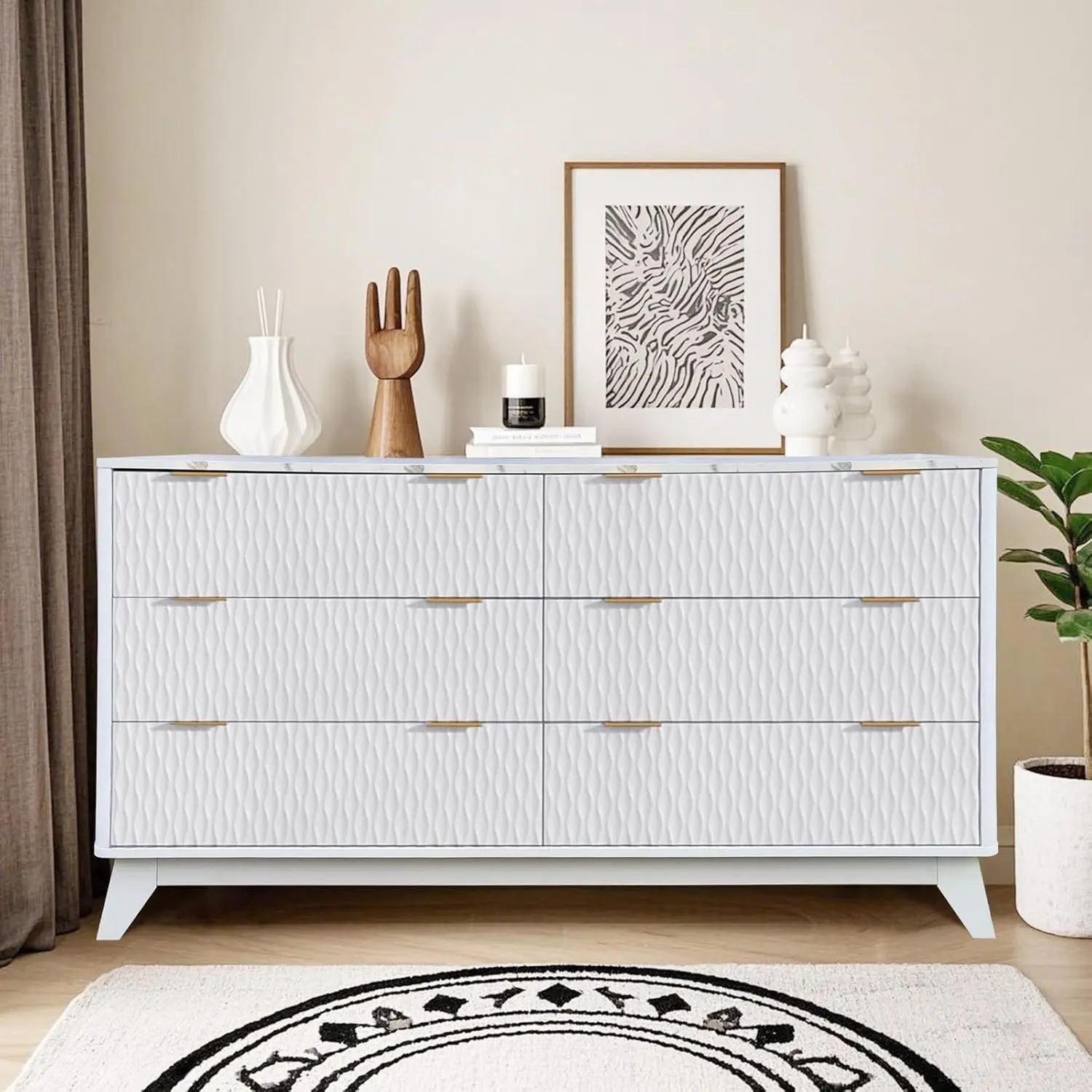 Gaomon 54 Inches Width Modern Bedroom Dresser, MDF Wood Farmhouse Style with Faux Marble Top, 6 Large Drawers, Drip Pattern, Teardrop Textured Panels, Split Legs - Storage Organization for Baby Nursery