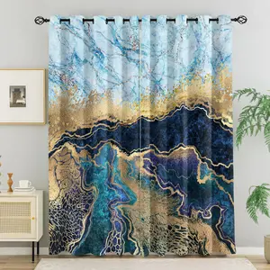 Blue Teal & Gold Marble Texture Blackout Grommet Curtains - Breathable Polyester, 85% Light Blocking, Noise Reducing, Thermal Insulated, Luxury Abstract Window Drapes for Living Room, 2 Panels