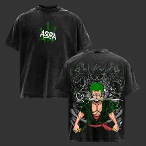 Roronoa Zoro Asura Washed T-Shirt, Three Sword Style Double Printed Heavyweight Shirt, One Piece Inspired Vintage Graphic Tee, Manga Fan Gift, Oversized Heavyweight Cotton Streetwear Top