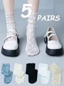 5 Pairs Summer & Spring Glass Lace Ankle Socks, Comfortable Lightweight Design, Ideal for Daily Wear, Soft Material for All Seasons