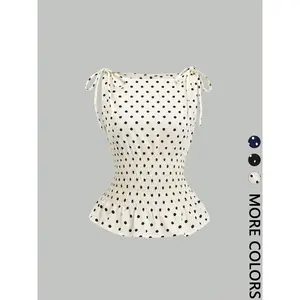 Women's polka dot bow shoulder strap spliced waist fold vest, fashionable casual top, suitable for daily wear, designed for comfort and fashionRAIMENTRY