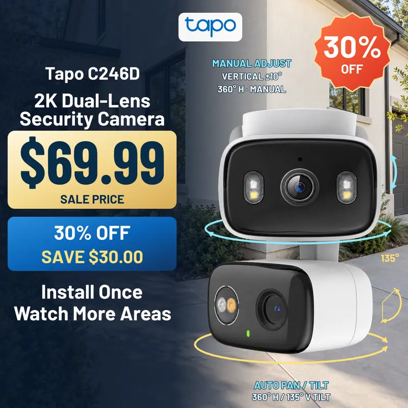 Tapo Dual-Lens Camera, Two Views from One Setup, 2K Wide-Angle & Close-Up Detail, Pan/Tilt, Indoor/Outdoor Security, C246D