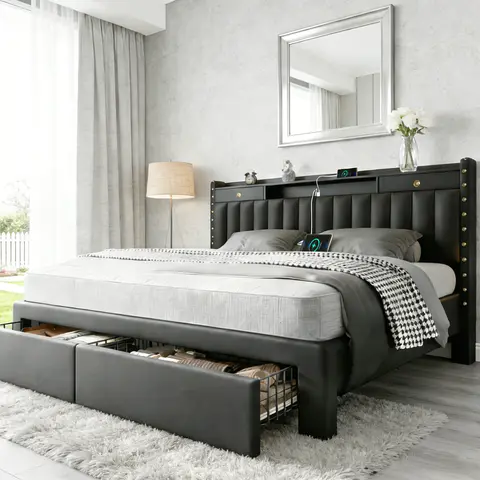 TryLazy  Bed Frame with 4 Storage Drawers No MATTRESS  Wood Slats Holds 900lbs No Noise No Box Spring Needed  White Rivet Design USB Socketbed base,bed with charging, queen size velvet,bed frames,bed frame for queen, queen bed,metal bed frame summerg