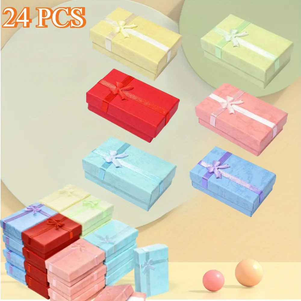 summerwins 24 pcs 6 Colors Cardboard Jewel Boxes with Bow Sealing Design - Durable, Stylish Paper Gift Boxes for Rings, Earrings, Pins - Ideal for Anniversaries, All Ages Home Organizers Storage Bins