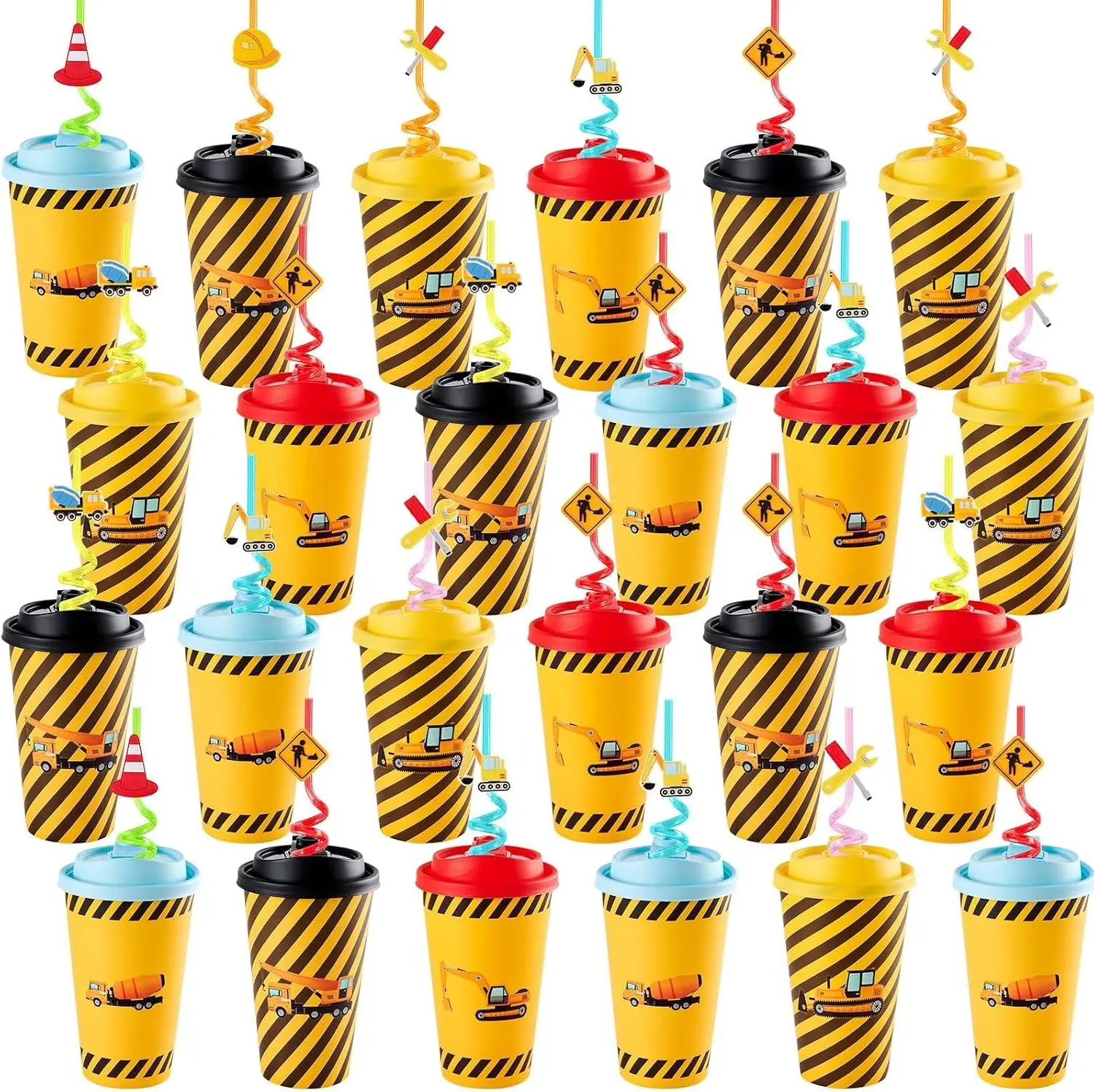 24 Sets Construction Theme Party Favors Goodie Cups with Lids and Silly Straws for Birthday Decorations, 16oz Construction Themed Birthday Supplies for Party Bags Gift Piñata Filler