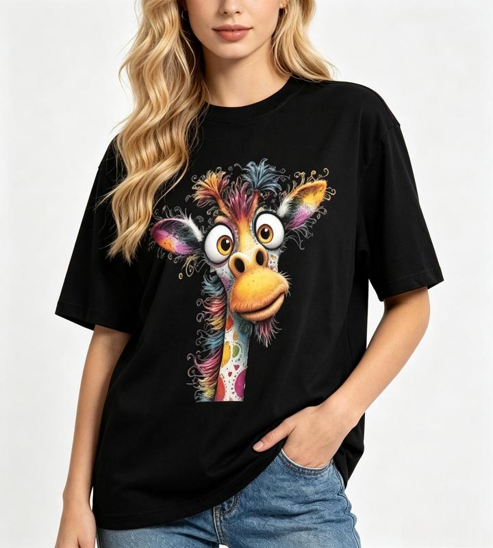 Women's Black Casual Oversized T-Shirt Colorful Cartoon Giraffe Graphic Print Trendy Top