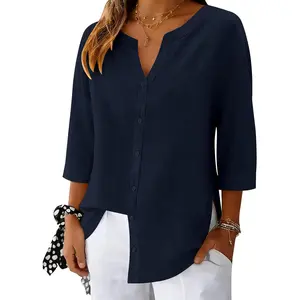 3/4 Length Sleeve Womens Tops V Neck 3/4 Sleeve Sides Slit Button Down Shirts Cotton Linen Casual Loose Blouses