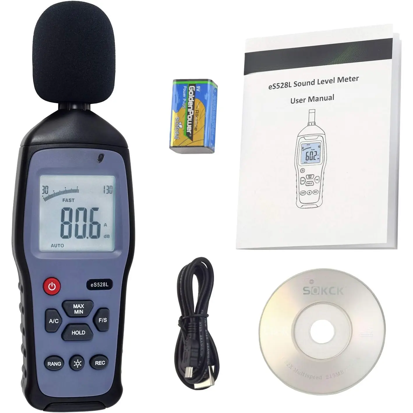 eS528L Decibel Meter and Recorder by  - Digital Sound Level Meter and Noise Logger - Max/Min/Hold, 30-130 dBA Range,  Software