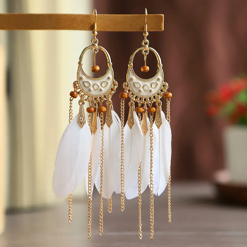 2025 casual fashion all-match Bohemian white feather chain decorative earringsBuy two get one free, you can note the number you like