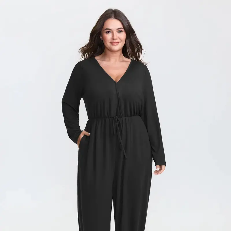 BloomChic Elastic Waist Overlap Collar Lounge Jumpsuit 【M-6XL】