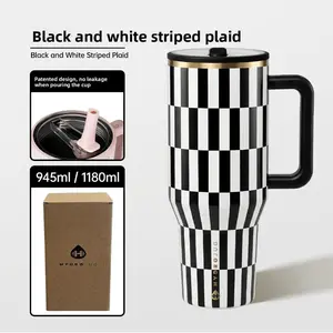 HYDROJUG Black and white striped stainless steel insulated tumbler, 40 oz capacity, made from 304 stainless steel, equipped with a leakproof handle and rubber base. Perfect for home, outdoor activities, and school, also an excellent gift for mothers.