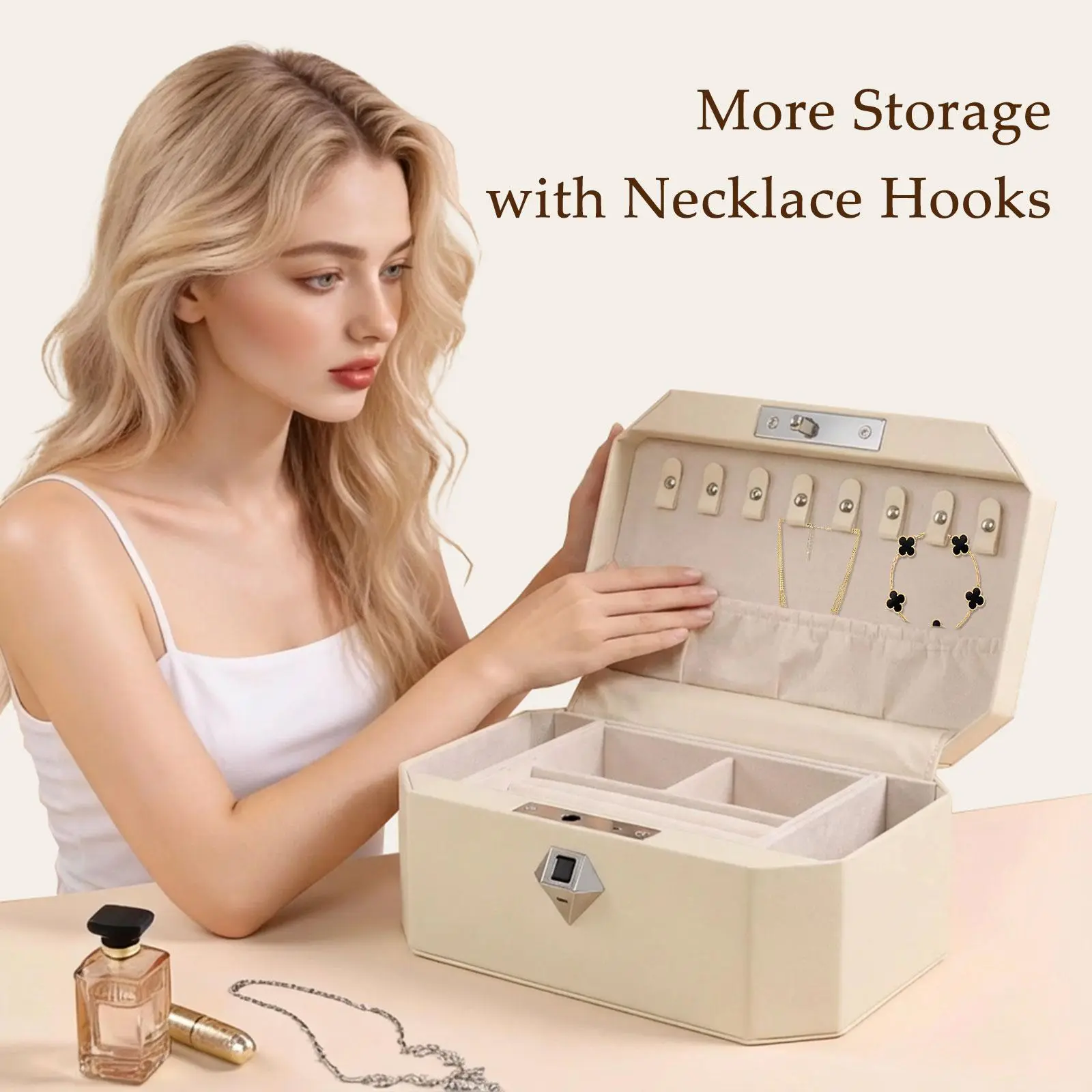 2-Tier Fingerprint Jewelry Safe Box, Large Capacity Leather Organizer with Mirror, Portable Security Storage for Home & Travel